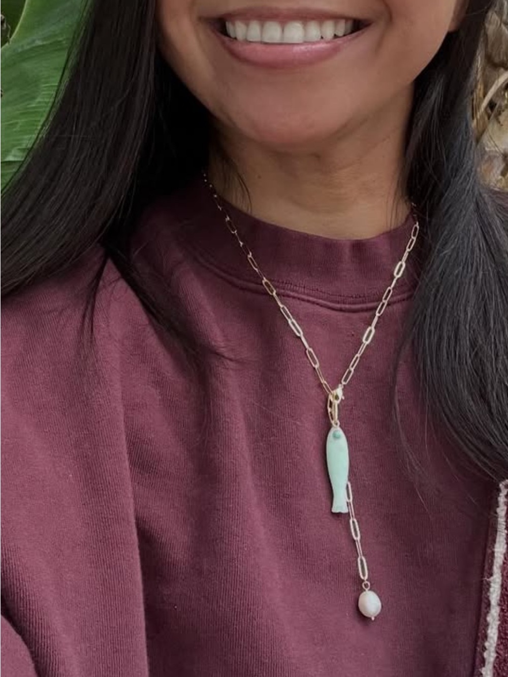 THATCH Lea Pearl Lariat Necklace with free Mint Green Fish charm (19” length) - Picture 4 of 6